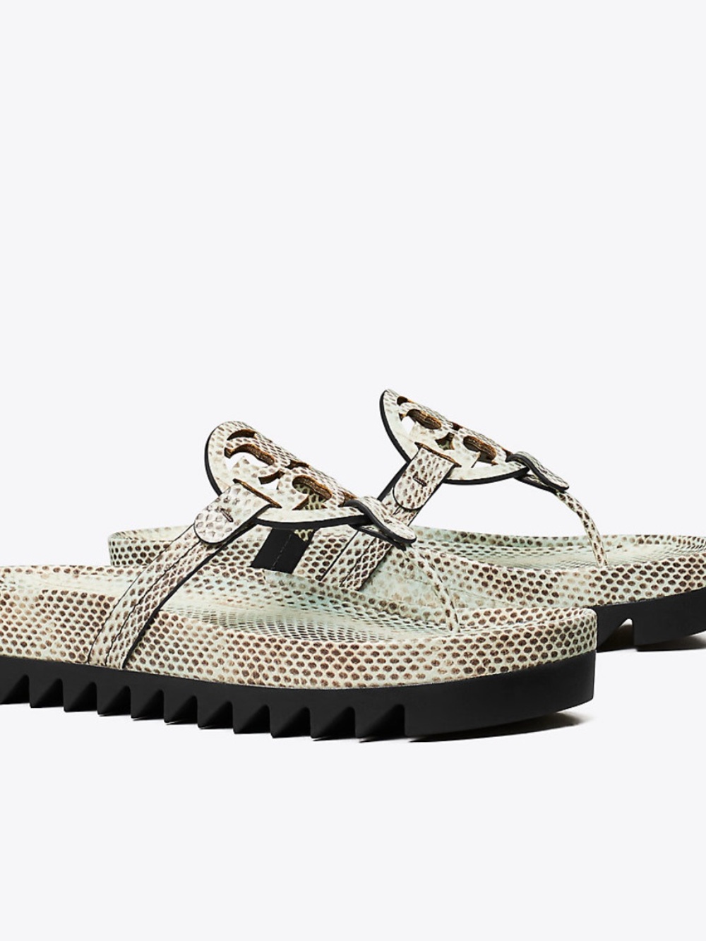 Tory Burch Snake-Effect Miller Cloud Lug Sandal - Cream and Black